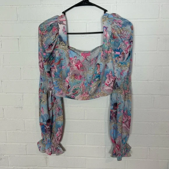 NWT Sugar Thrillz Baroque Pattern Puff Sleeve Crop Top - Picture 1 of 6